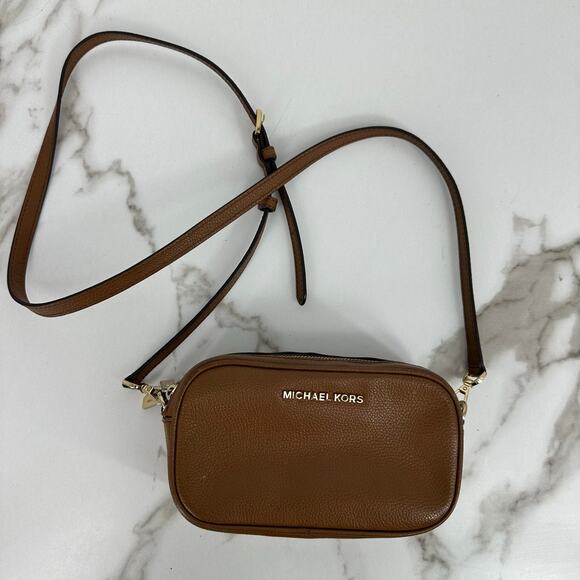 Michael Kors Double Zipper Jet Set Pebbled Leather Crossbody Bag Brown - Picture 2 of 15